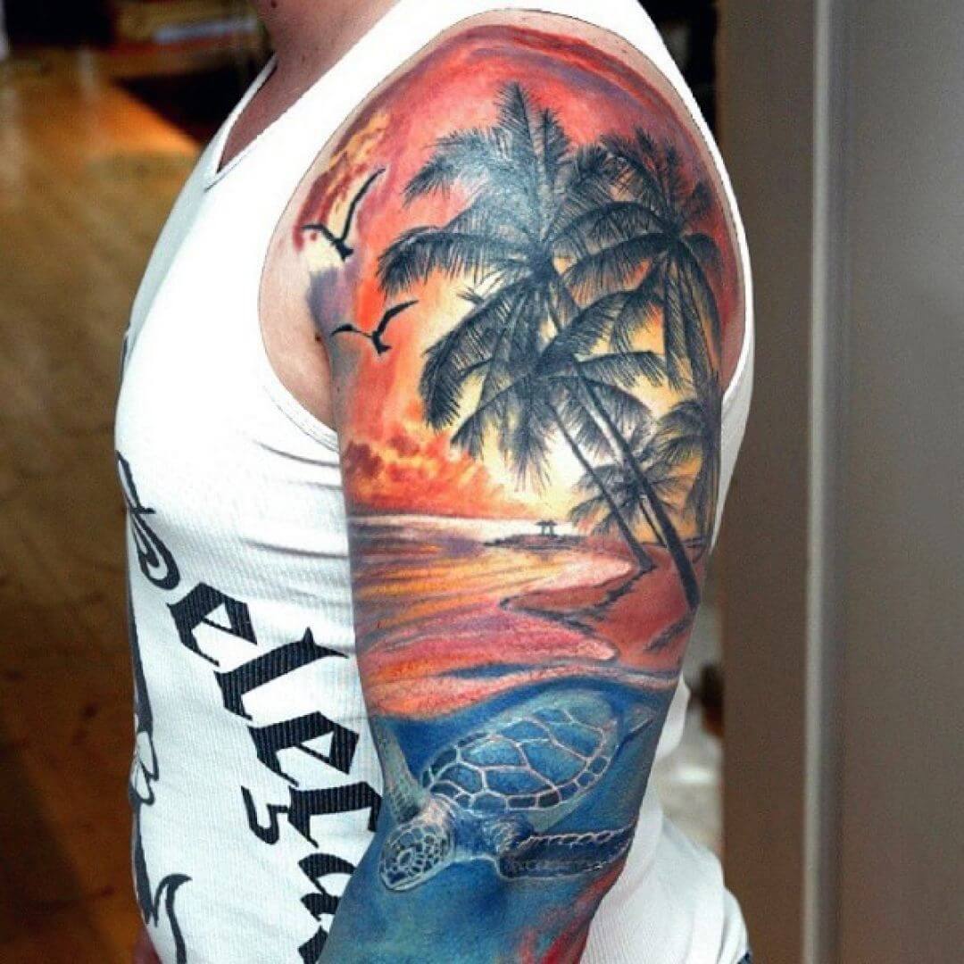 Tropical Beach Scene with Turtle Underwater Turtle Tattoos Tattoo on skin