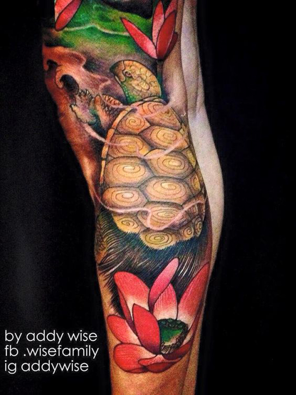 Turtle Over Lotus Flower Tattoo Tattoo on skin