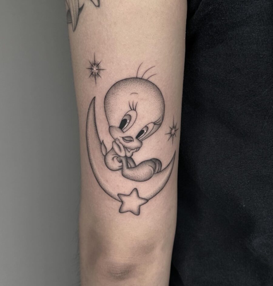 Charming Tweety Bird Tattoo on Moon Tattoo on skin