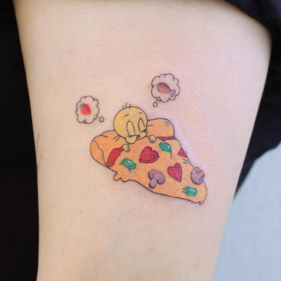 Cute Tweety with a Pizza Slice Tattoo Tattoo on skin