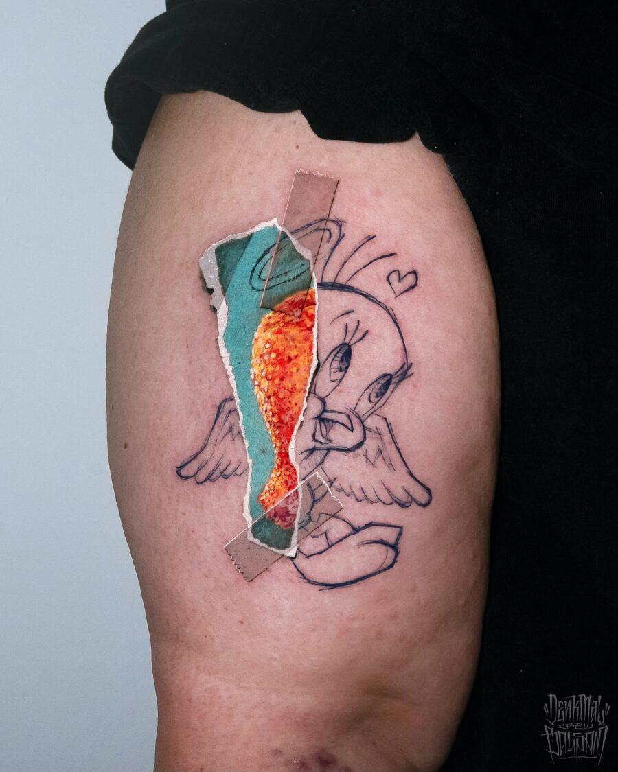 Unique Tweety Tattoo with Peeling Skin Effect Tattoo on skin