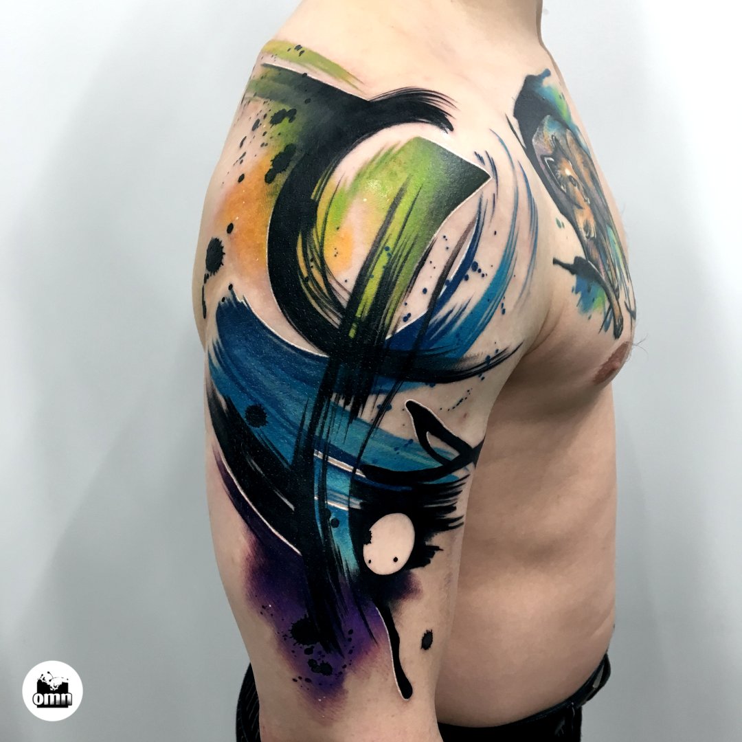 The Abstract Expressionist Brushstroke Shoulder Tattoo on skin
