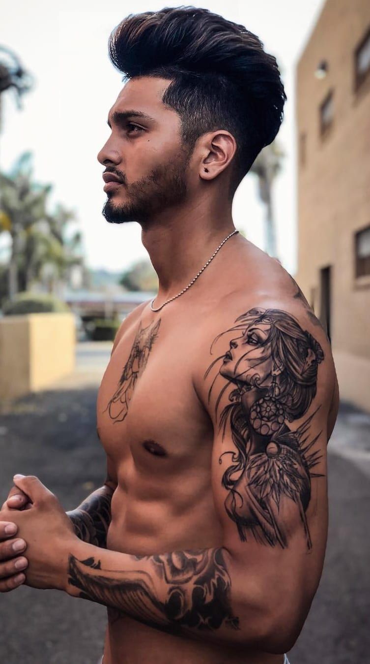 The Mythological Warrior Goddess Upper Arm Tattoo on skin