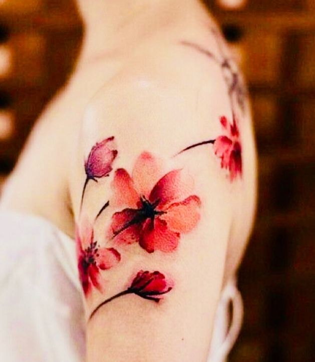 The Soft Aquarelle Cherry Blossoms Shoulder Tattoo on skin