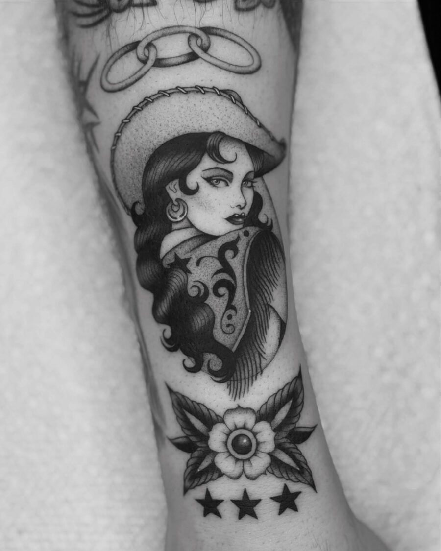 Classic Western Cowgirl Tattoo with Floral Design Tattoo on skin