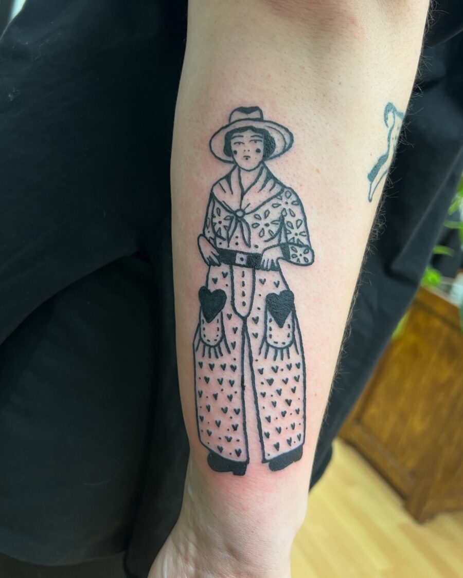 Vintage western farmer tattoo in bold lines Tattoo on skin