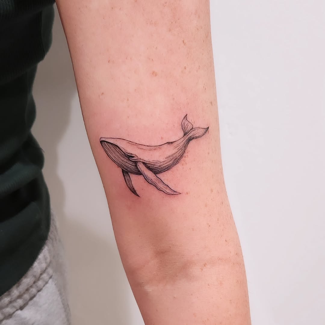Elegant Fine Line Whale Tattoo on Arm Tattoo on skin