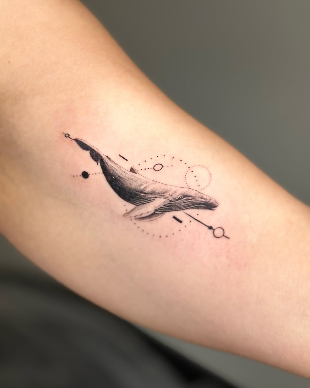 Elegant Fine Line Whale Tattoo On Arm Tattoo on skin