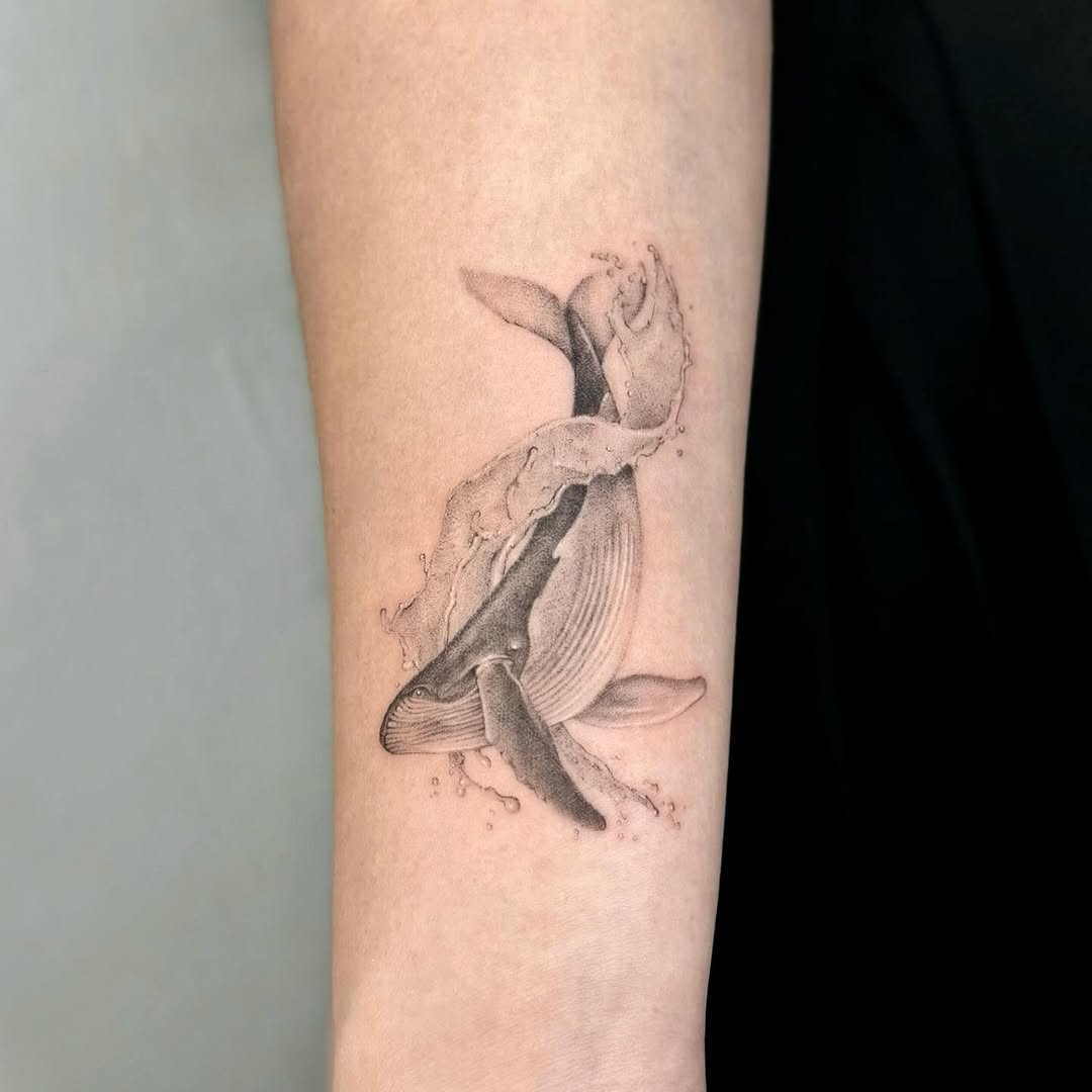 Elegant Whale Tattoo with Fluid Water Elements Tattoo on skin
