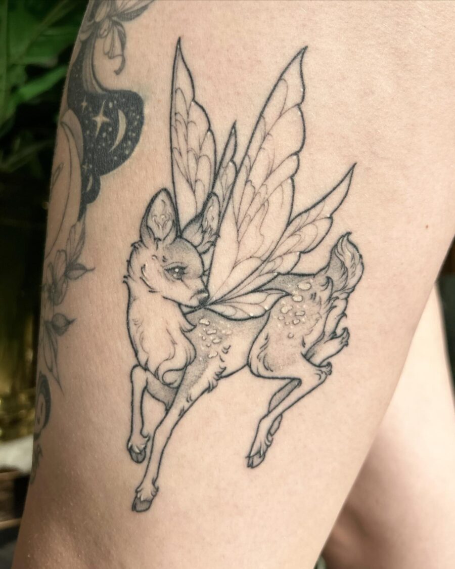 A playful fusion of deer and fairy elements Tattoo on skin
