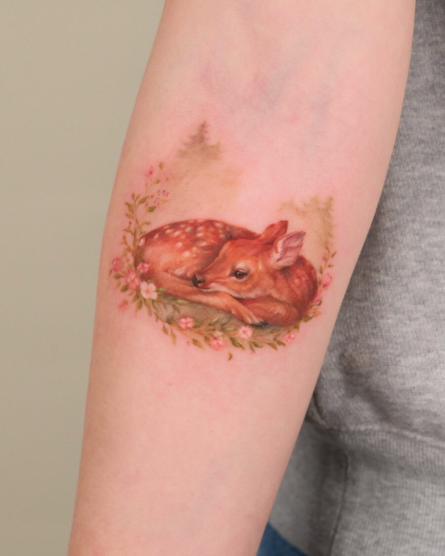 Charming fawn resting among blooming flowers Tattoo on skin