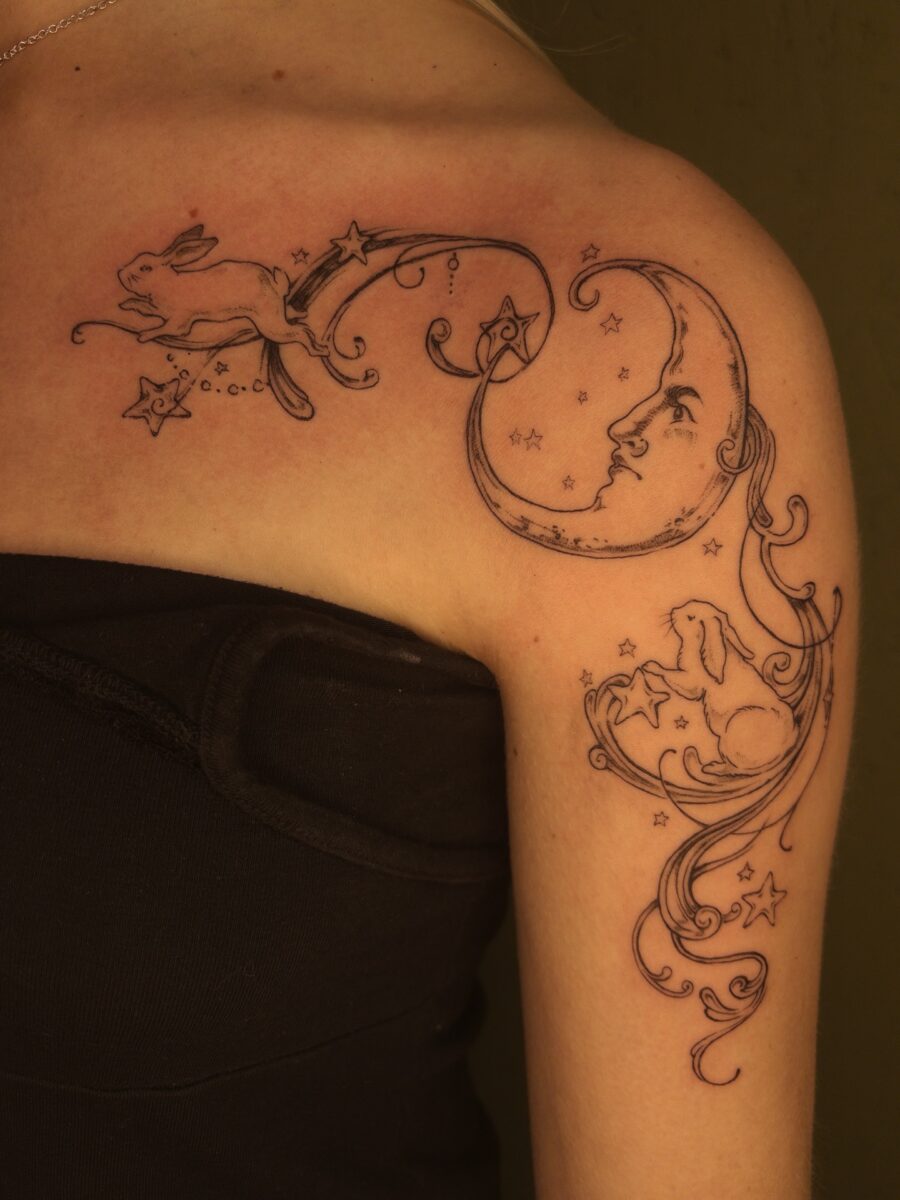 Charming moon and rabbit tattoo design Tattoo on skin