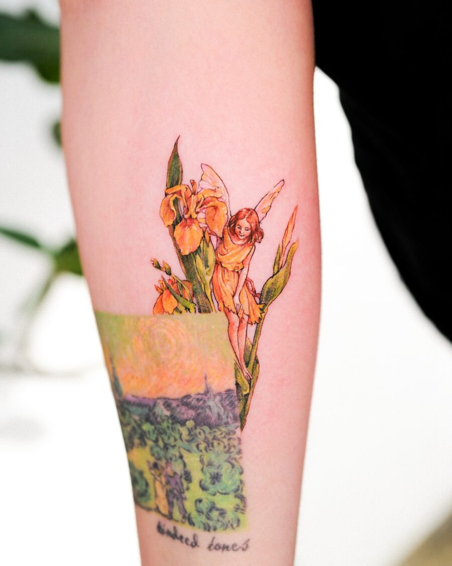 Enchanting fairy surrounded by blooming flowers Tattoo on skin