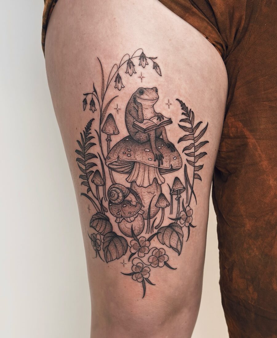 Nature-inspired whimsical tattoo design featuring a frog Tattoo on skin