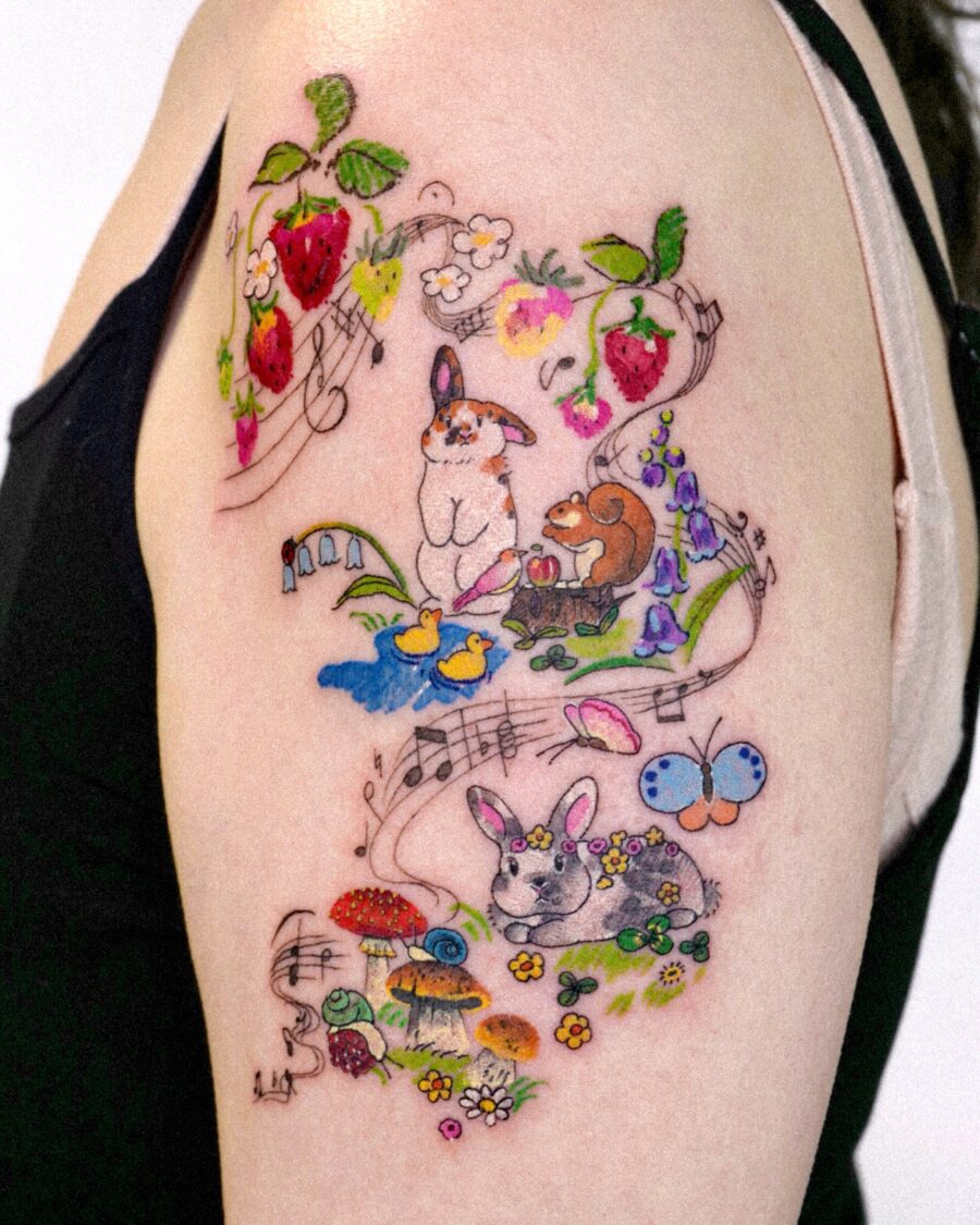 Playful nature-themed whimsical tattoo design Tattoo on skin
