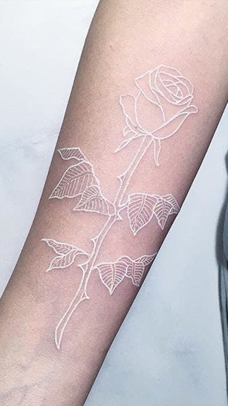 Delicate Rose with Leafy Detail White Ink Tattoo white tattoos