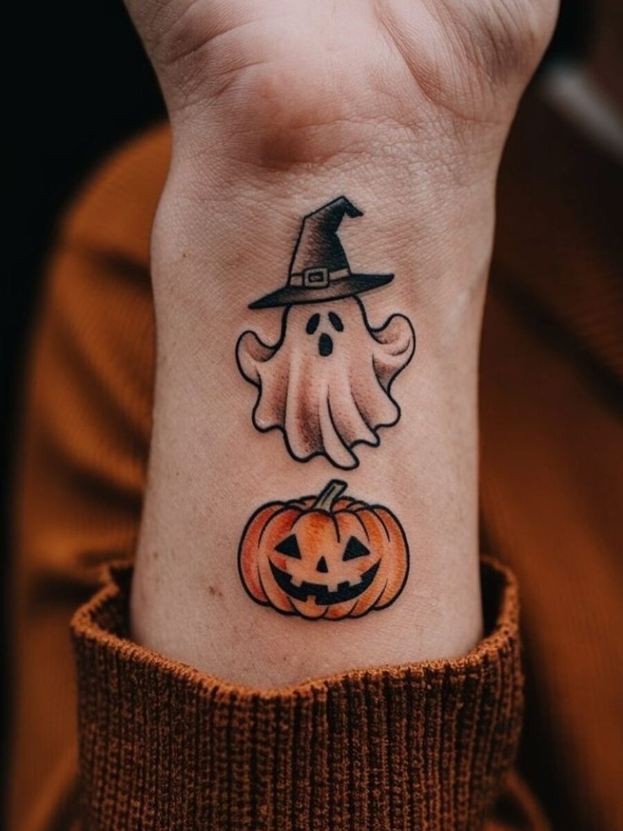 Charming ghost with a witch hat and pumpkin Tattoo on skin