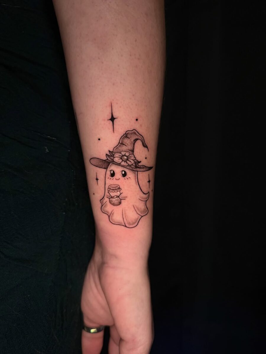 Charming ghost with a witch hat tattoo witch hat tattoos