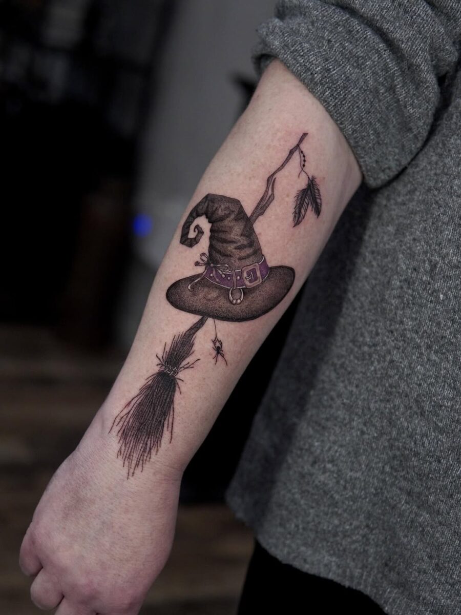 Enchanting witch hat tattoo with whimsical details Tattoo on skin