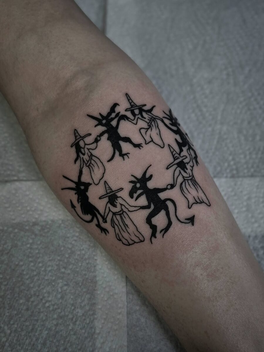 Spellbinding witches dancing in a circle Tattoo on skin
