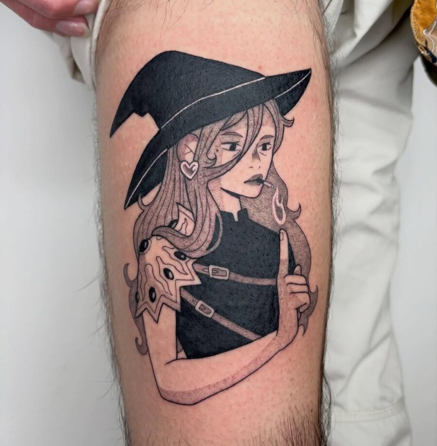 Stylish witch hat tattoo on a confident character Tattoo on skin