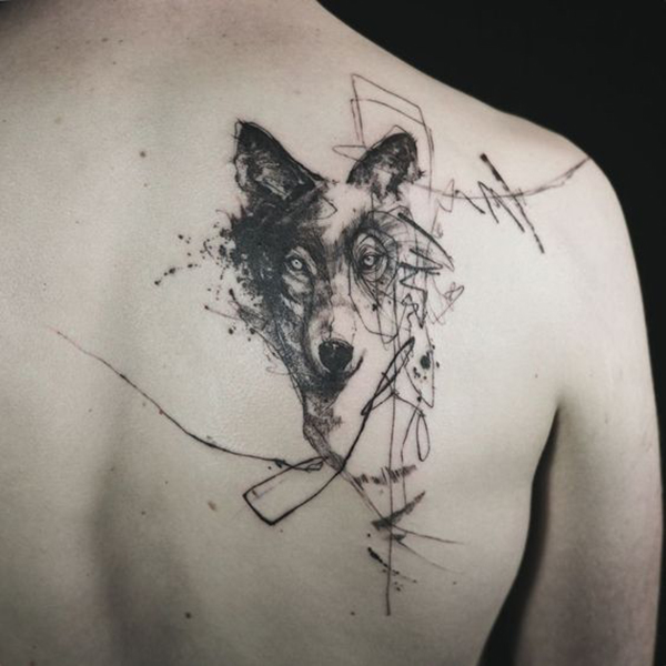 Artistic Scribbled & Watercolor Wolf Tattoo Tattoo on skin