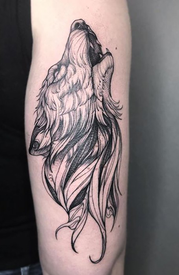 Black & White Unearthly Howling Wolf Tattoo Tattoo on skin