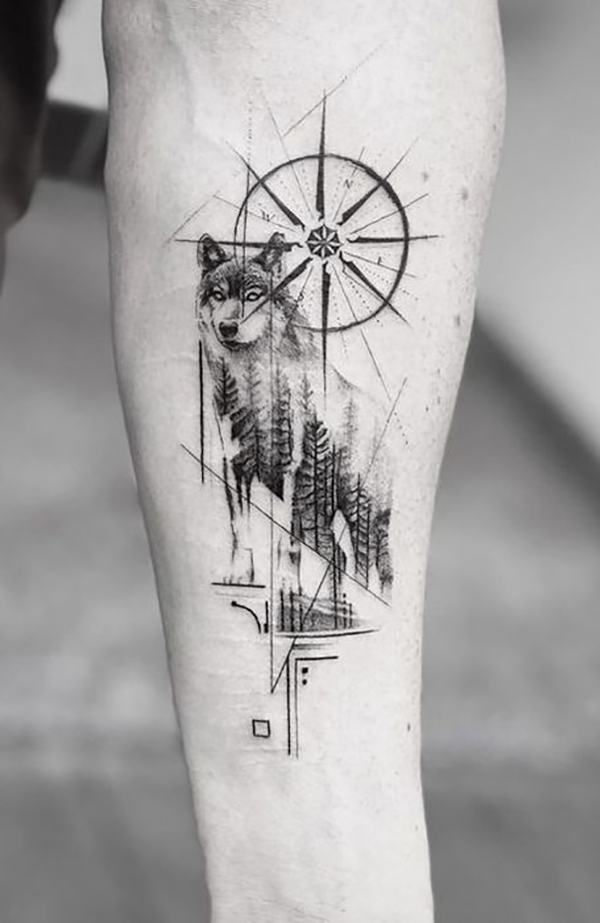 Compass Rose & Untamed Forest Adventure Wolf Tattoo Tattoo on skin