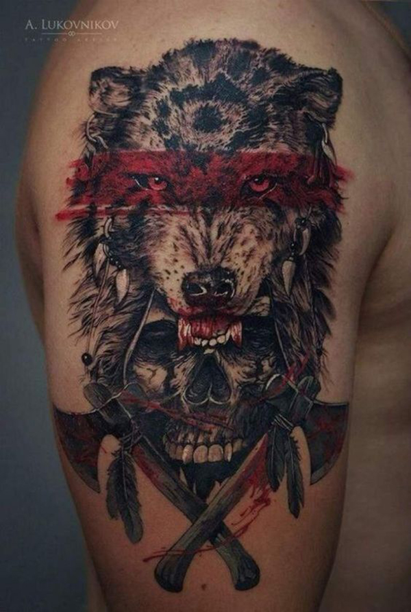 Crossed Tomahawks & Wolf Skull Tattoo Tattoo on skin
