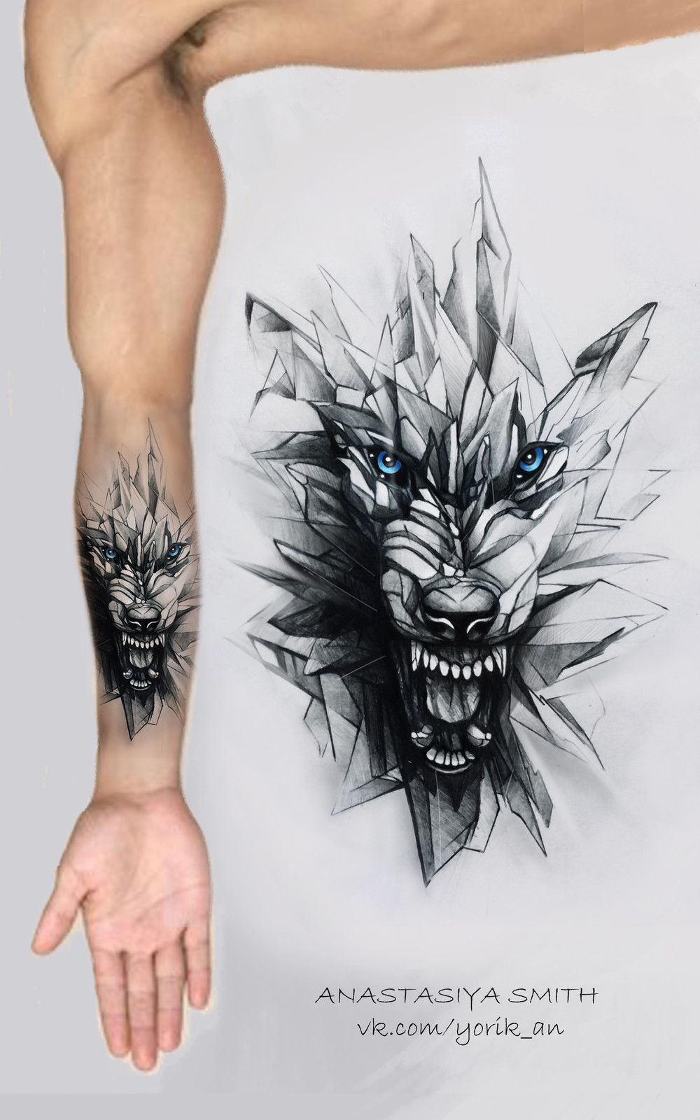 Exploding Wolf Face Optical Illusion Tattoo Tattoo on skin
