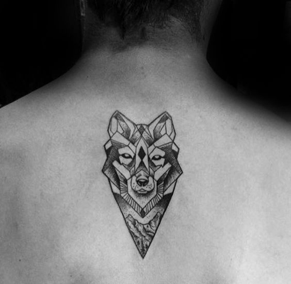 Geometric Small Wolf Tattoo with Mountains Tattoo on skin