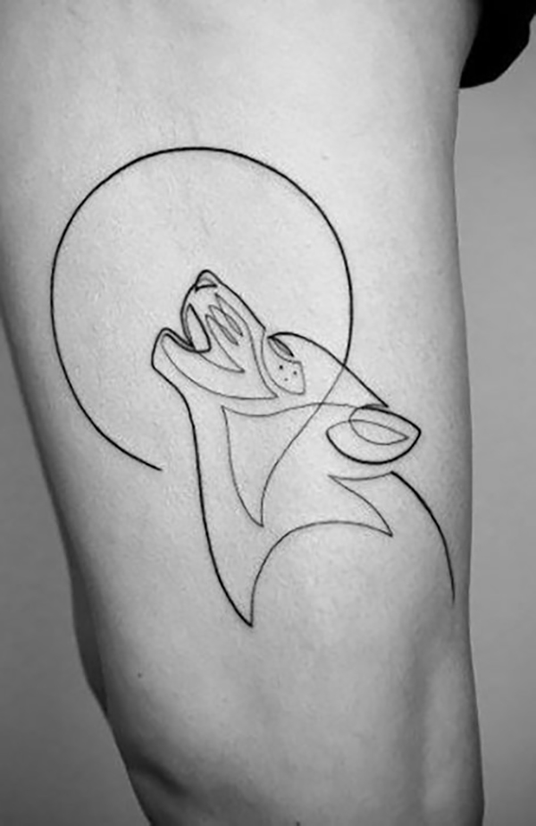 Single Line Wolf Howling at the Moon Tattoo on skin