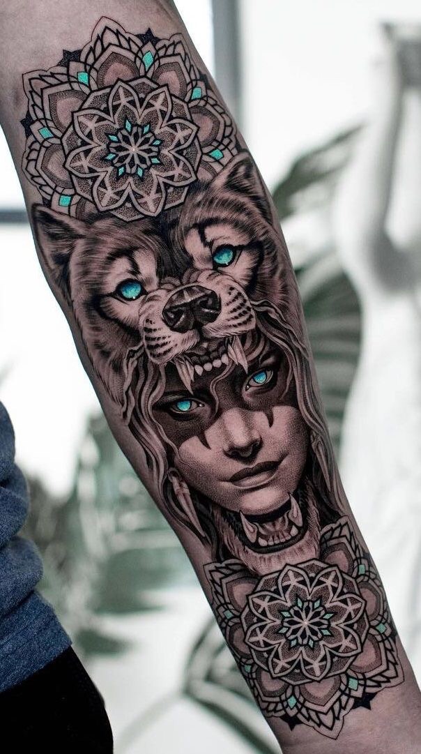 Wolf Warrior with Turquoise Accents Tattoo on skin