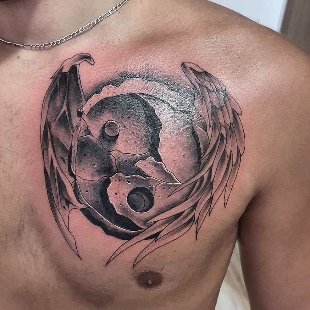 Angel & Devil Wings Stone Yin-Yang Tattoo Tattoo on skin