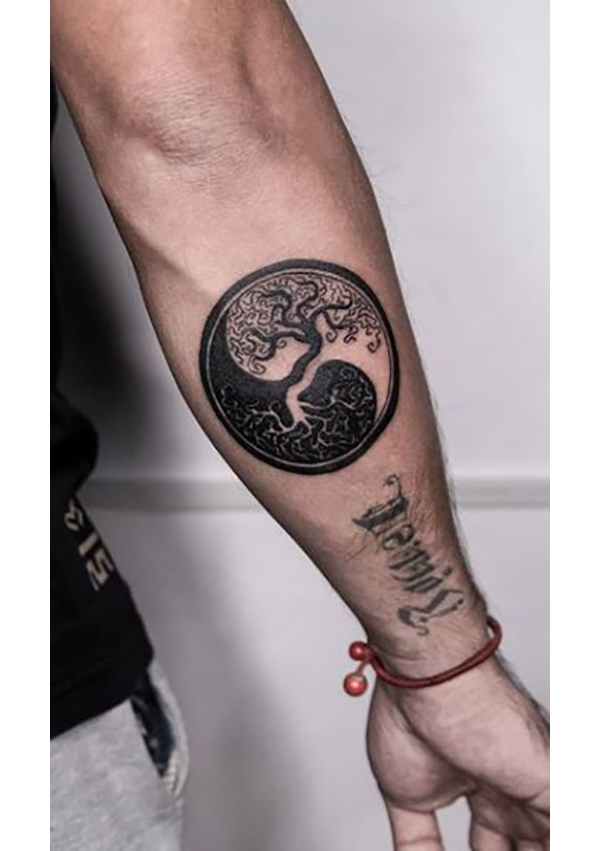 Blackwork Two Trees Yin-Yang Tattoo Tattoo on skin