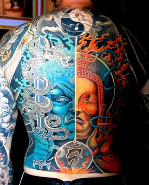 Buddha Two-Face Yin-Yang Full Back Tattoo Tattoo on skin