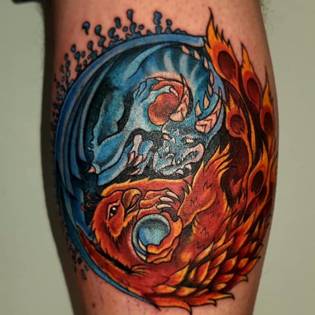 Dragon and Phoenix Yin-Yang Color Tattoo Tattoo on skin
