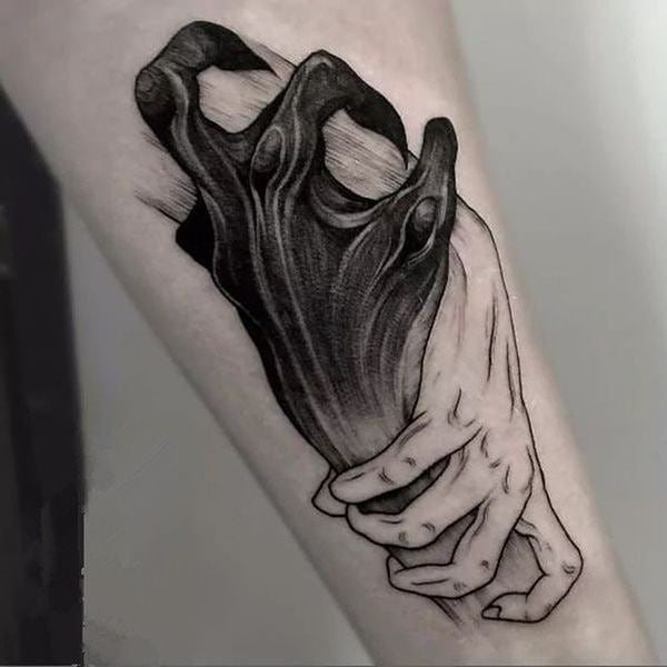 Grayscale Clutching Hands Yin-Yang Tattoo Tattoo on skin