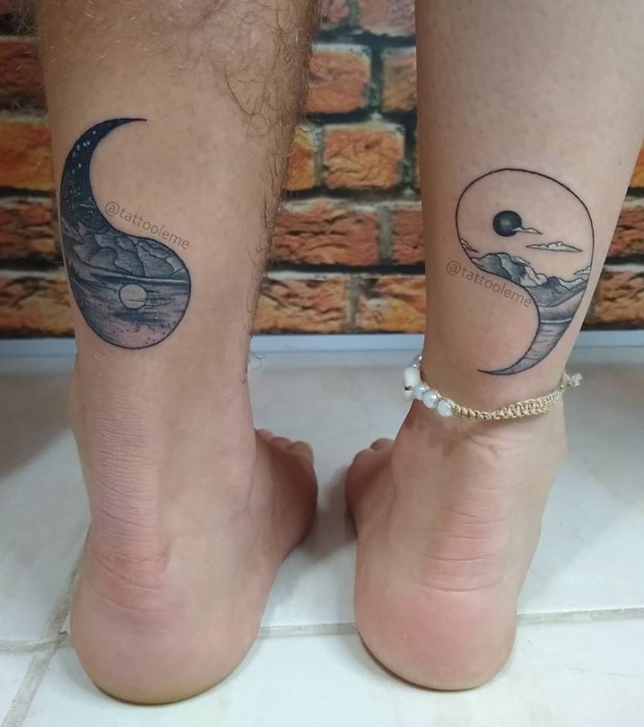 Land and Sky Grayscale Couples Yin-Yang Tattoo Tattoo on skin