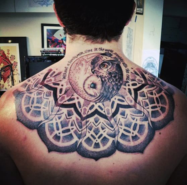 Owl Sun Mandala Flower Yin-Yang Tattoo Tattoo on skin