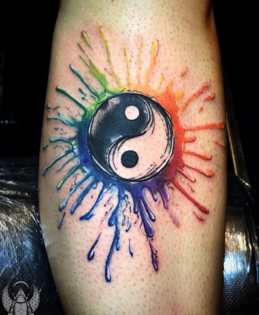 Rainbow Watercolor Yin-Yang Splatter Tattoo Tattoo on skin