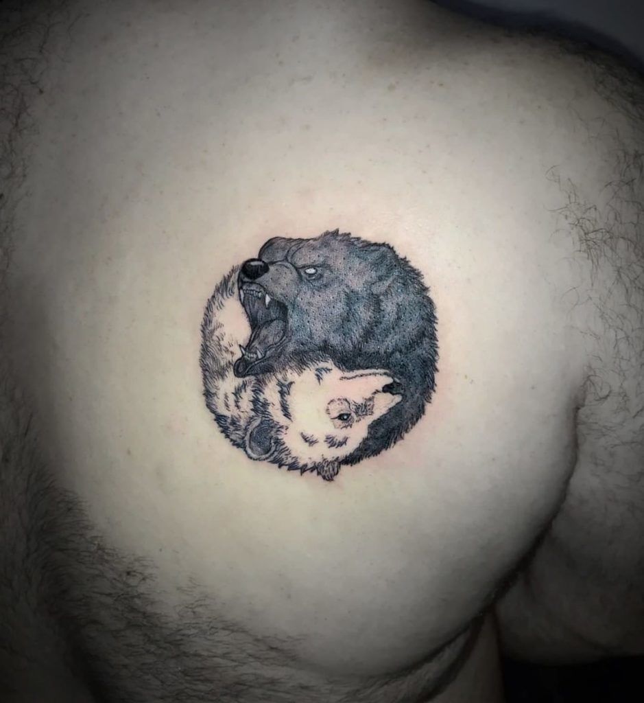 Realistic Bear Yin-Yang Tattoo in Grayscale Tattoo on skin