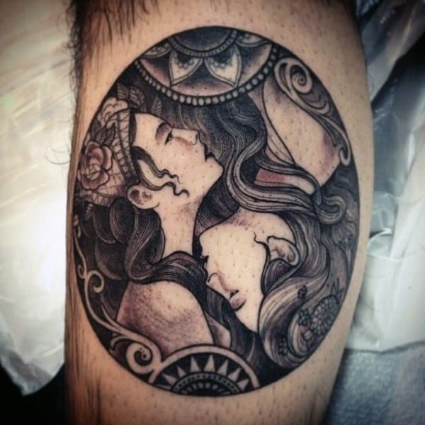Two Women Illustrative Mandala Flower Yin-Yang Tattoo Tattoo on skin