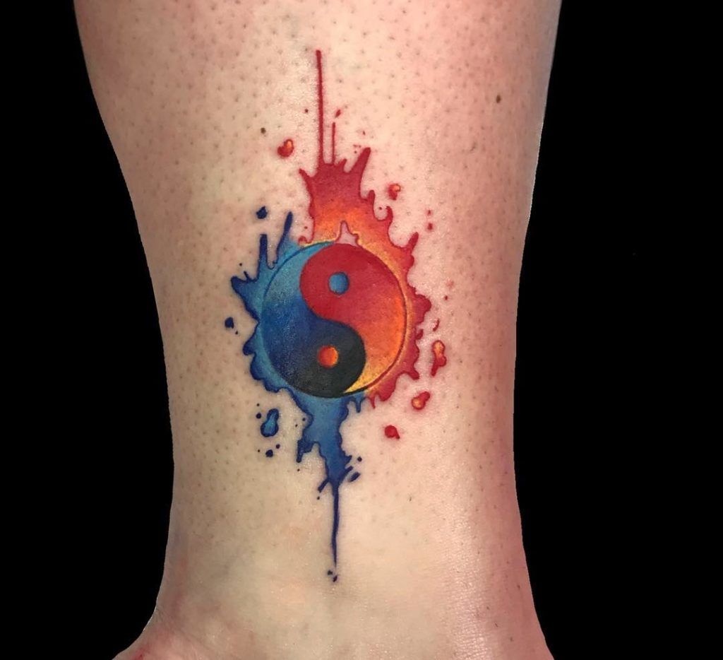 Watercolor Red and Blue Yin-Yang Tattoo Tattoo on skin